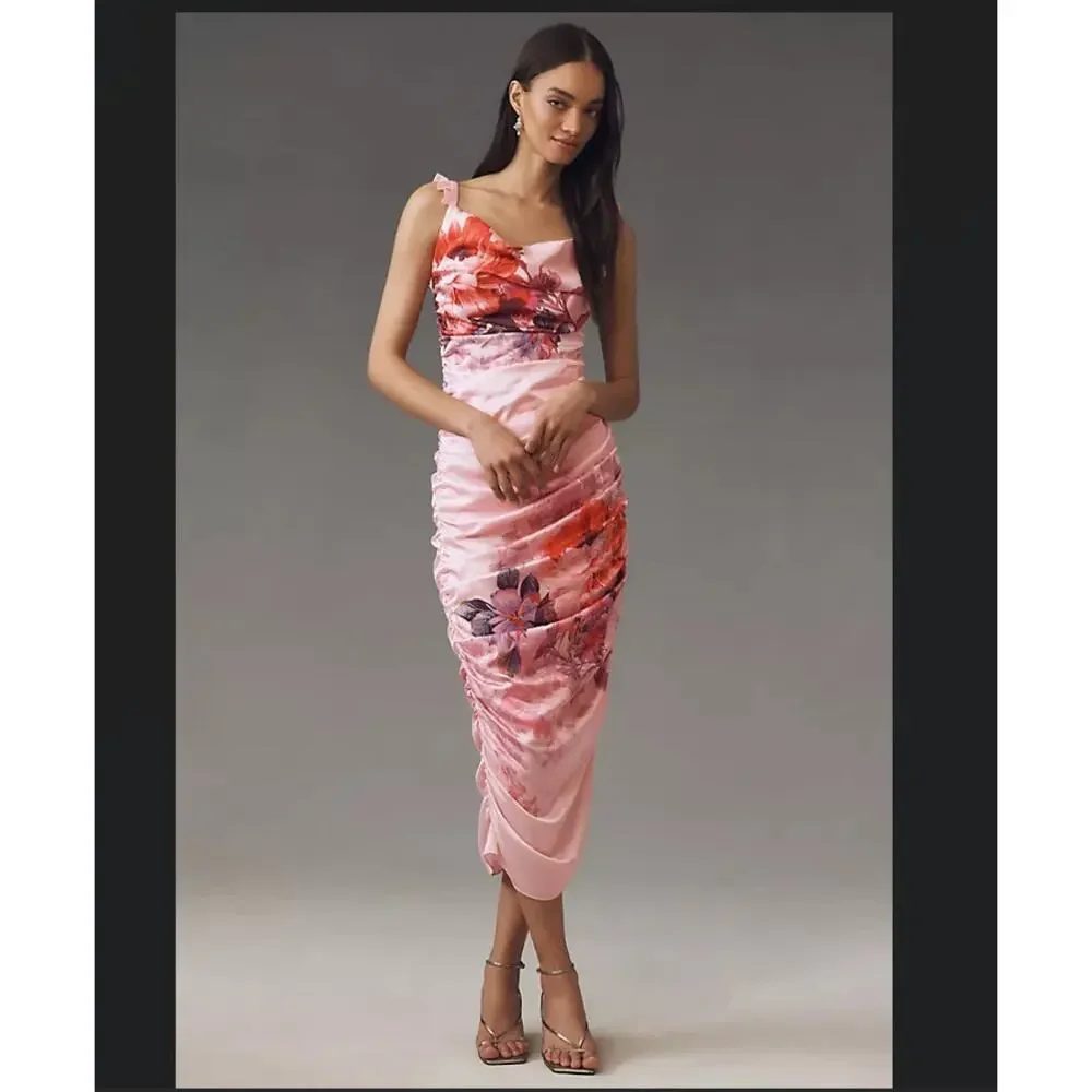BHLDN Callie Sleeveless Ruched Printed Charmeuse Midi Dress Size US M - Picture 1 of 9